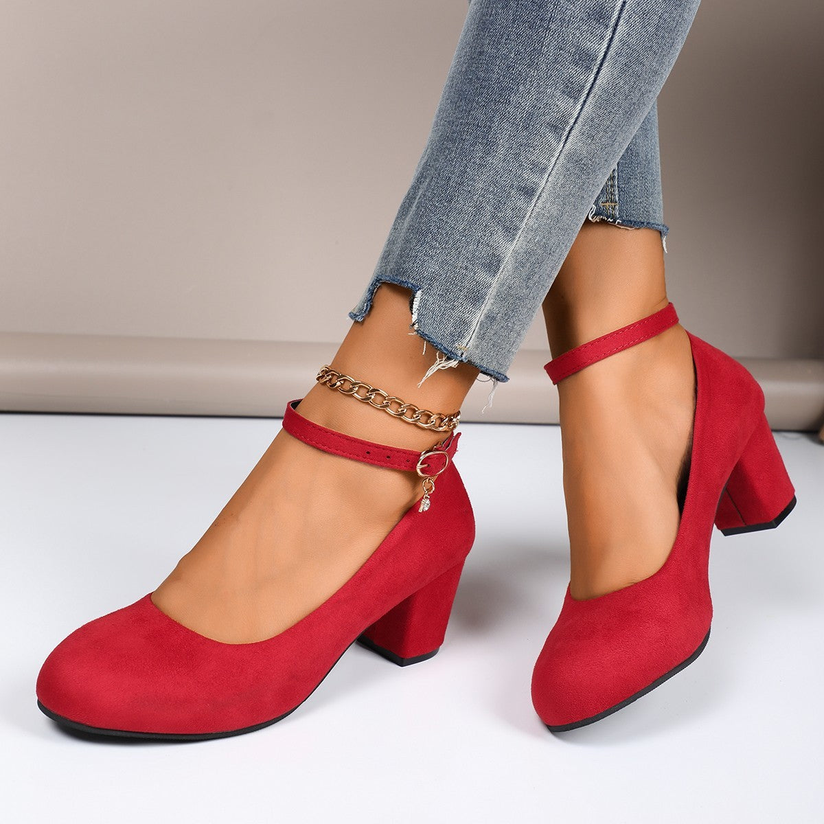 Faux Suede Ankle Strap Block Heel Pumps - Red