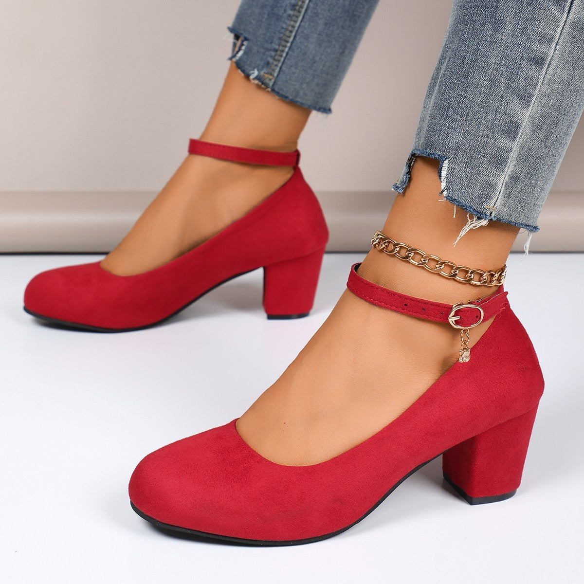 Faux Suede Ankle Strap Block Heel Pumps