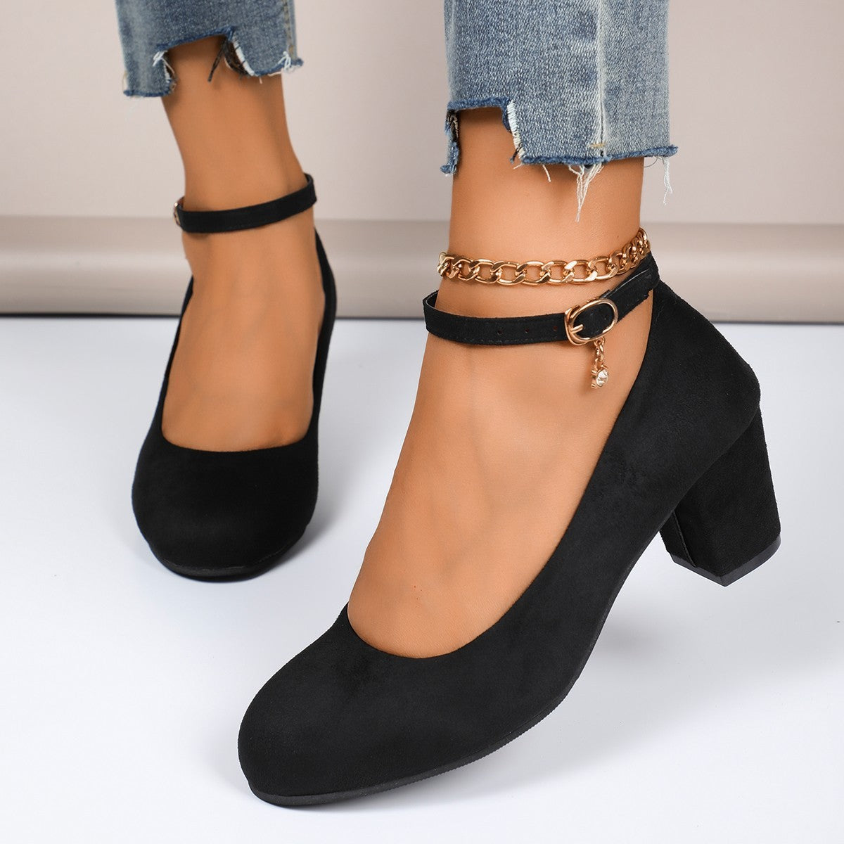 Faux Suede Ankle Strap Block Heel Pumps