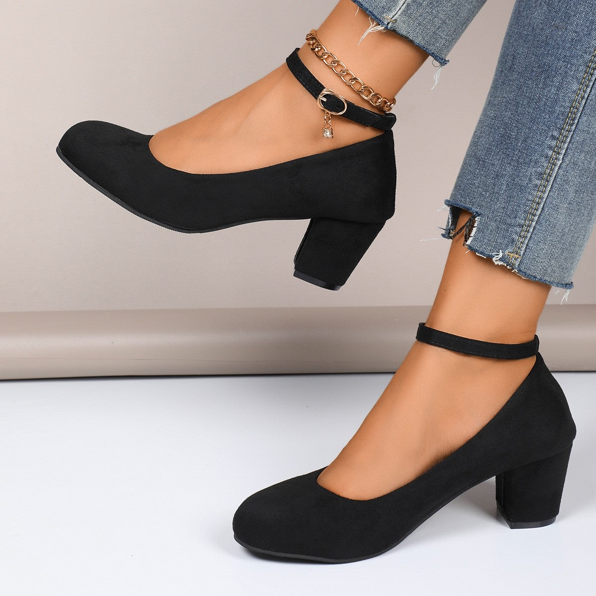 Faux Suede Ankle Strap Block Heel Pumps