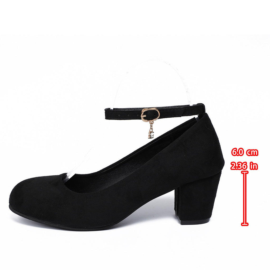 Faux Suede Ankle Strap Block Heel Pumps