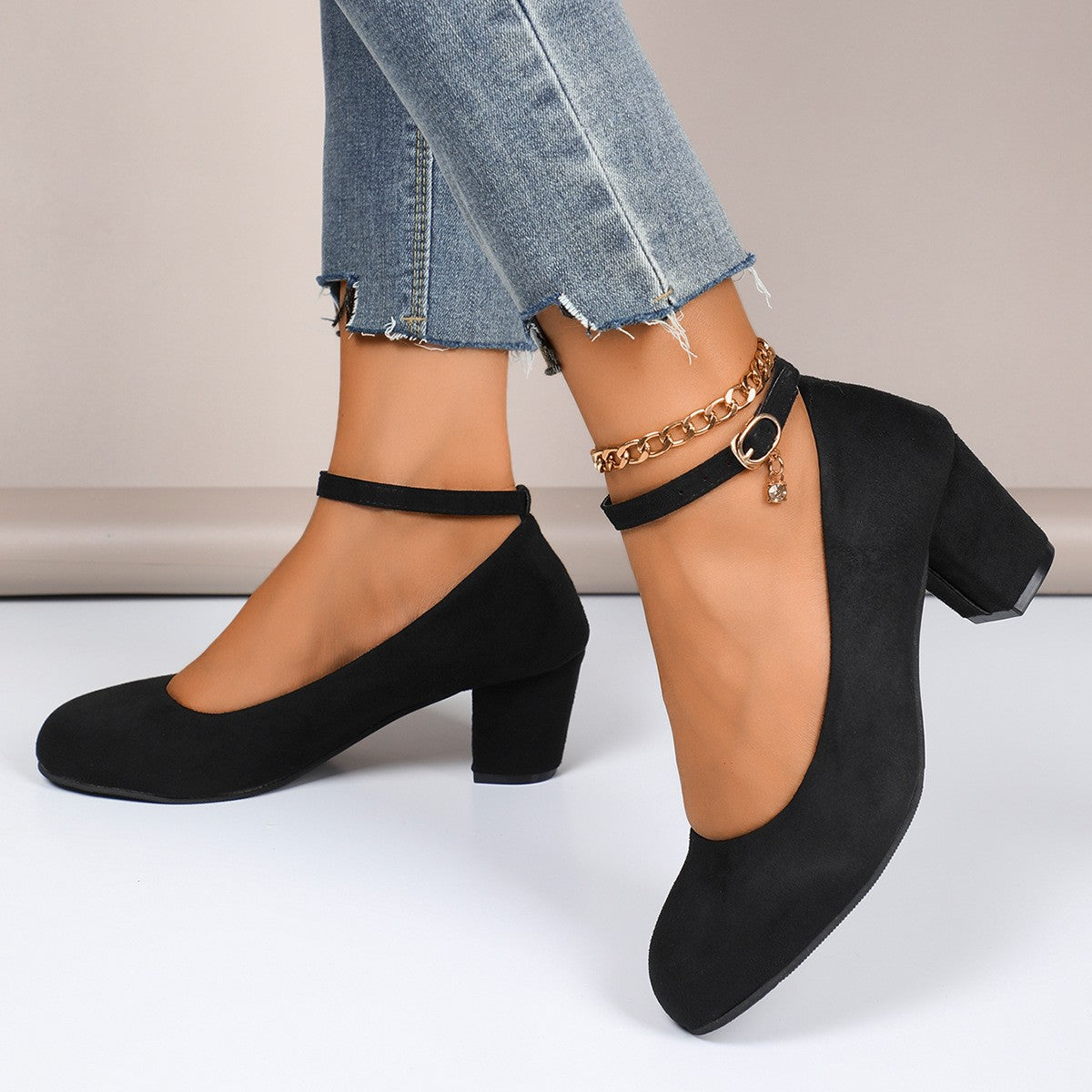 Faux Suede Ankle Strap Block Heel Pumps