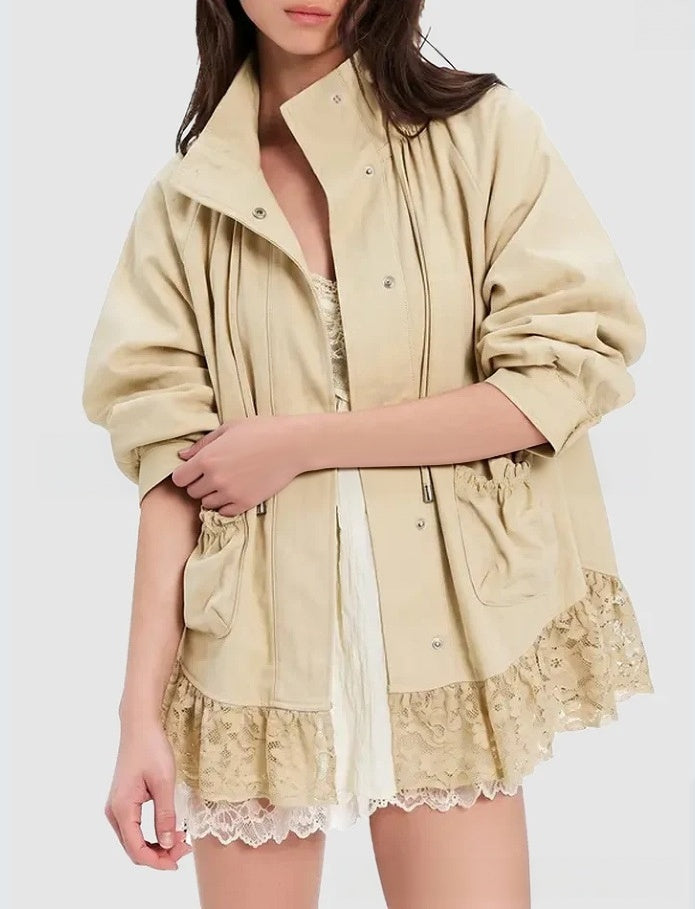 Lace Hem Drawstring Utility Jacket With Stand Collar - Apricot