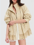 Lace Hem Drawstring Utility Jacket With Stand Collar - Apricot