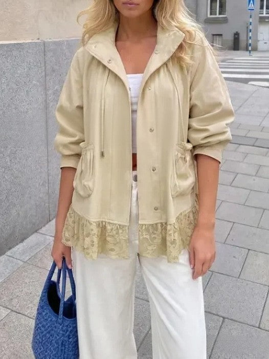 Lace Hem Drawstring Utility Jacket With Stand Collar - Apricot - 1