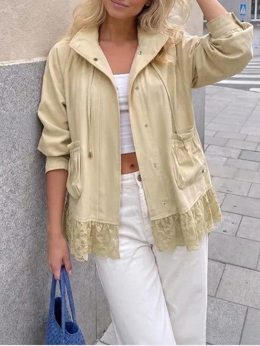 Lace Hem Drawstring Utility Jacket With Stand Collar - Apricot - 2
