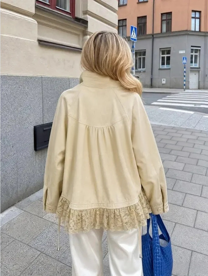 Lace Hem Drawstring Utility Jacket With Stand Collar - Apricot - 3