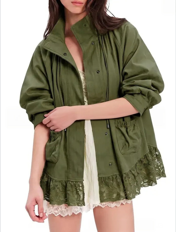 Lace Hem Drawstring Utility Jacket With Stand Collar - Green