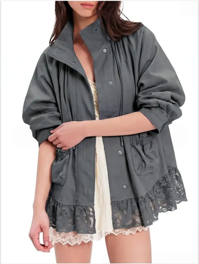 Lace Hem Drawstring Utility Jacket With Stand Collar - Grey