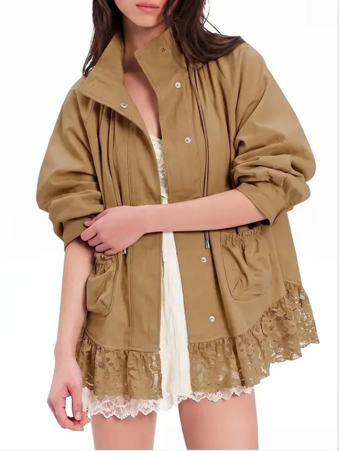Lace Hem Drawstring Utility Jacket With Stand Collar - Khaki