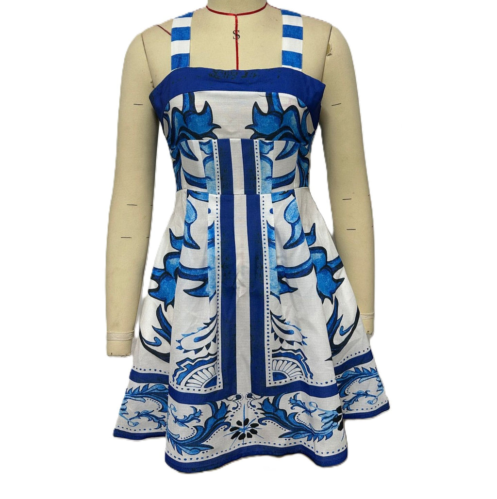 Scarf Print Square Neck A Line Mini Dress - Blue