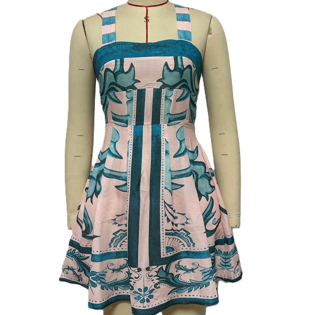 Scarf Print Square Neck A Line Mini Dress - Green