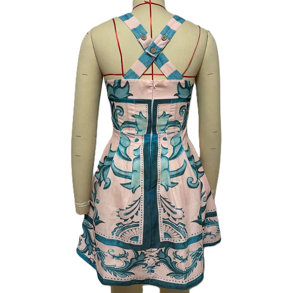 Scarf Print Square Neck A Line Mini Dress - Green - 2