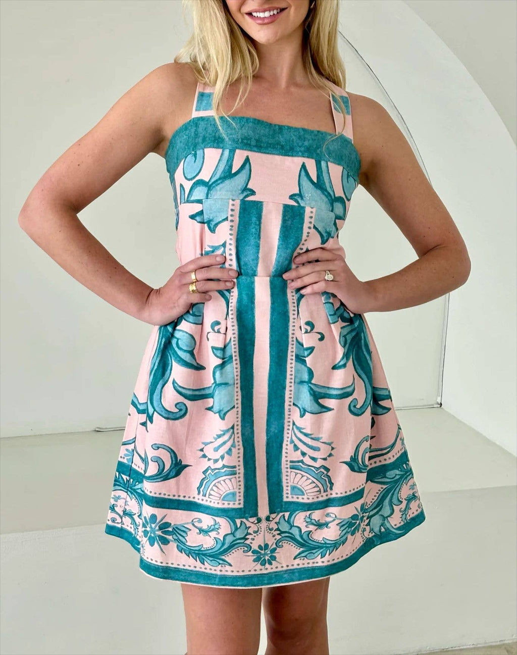 Scarf Print Square Neck A Line Mini Dress