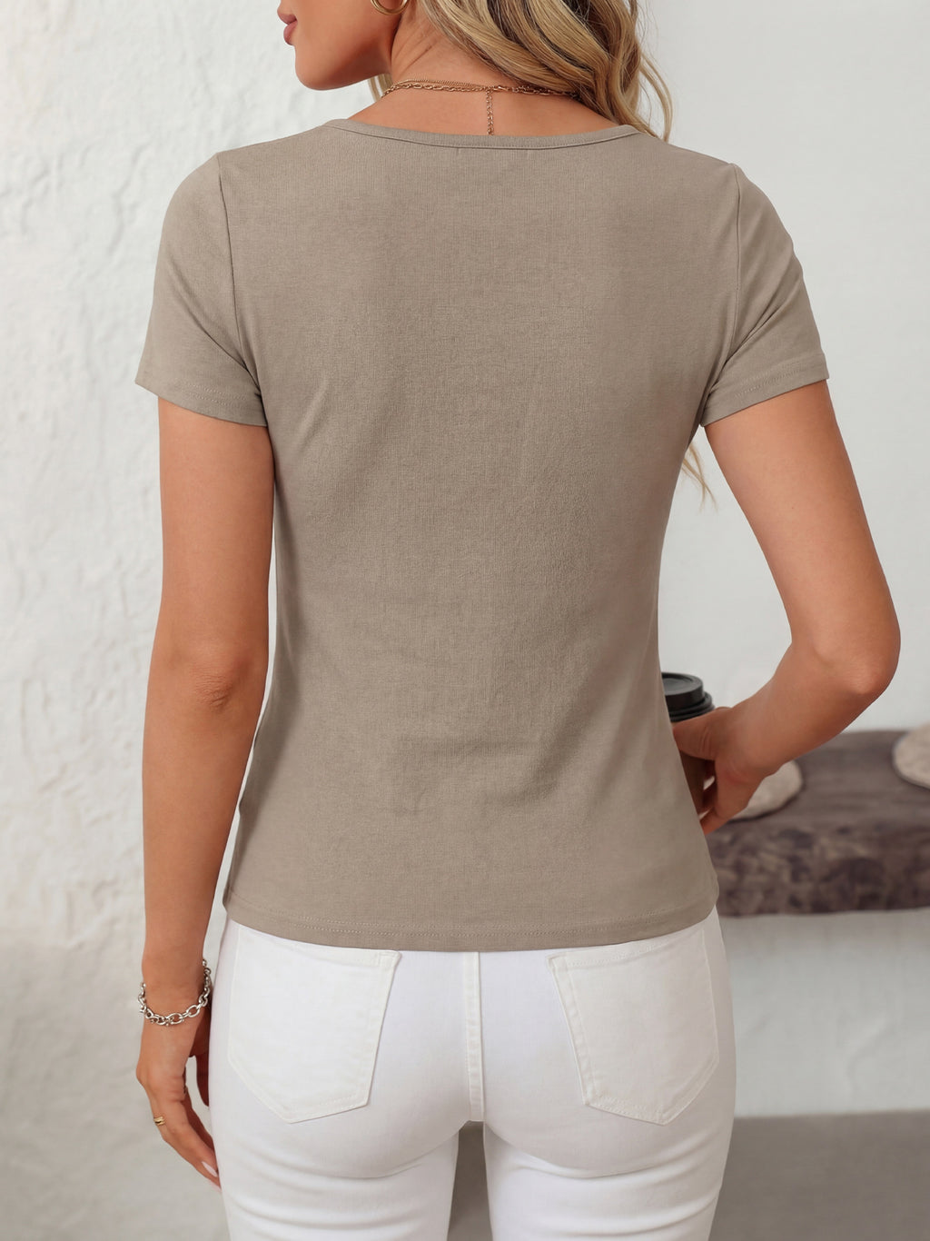 Ribbed Square Neck Short Sleeve Tee - view 1