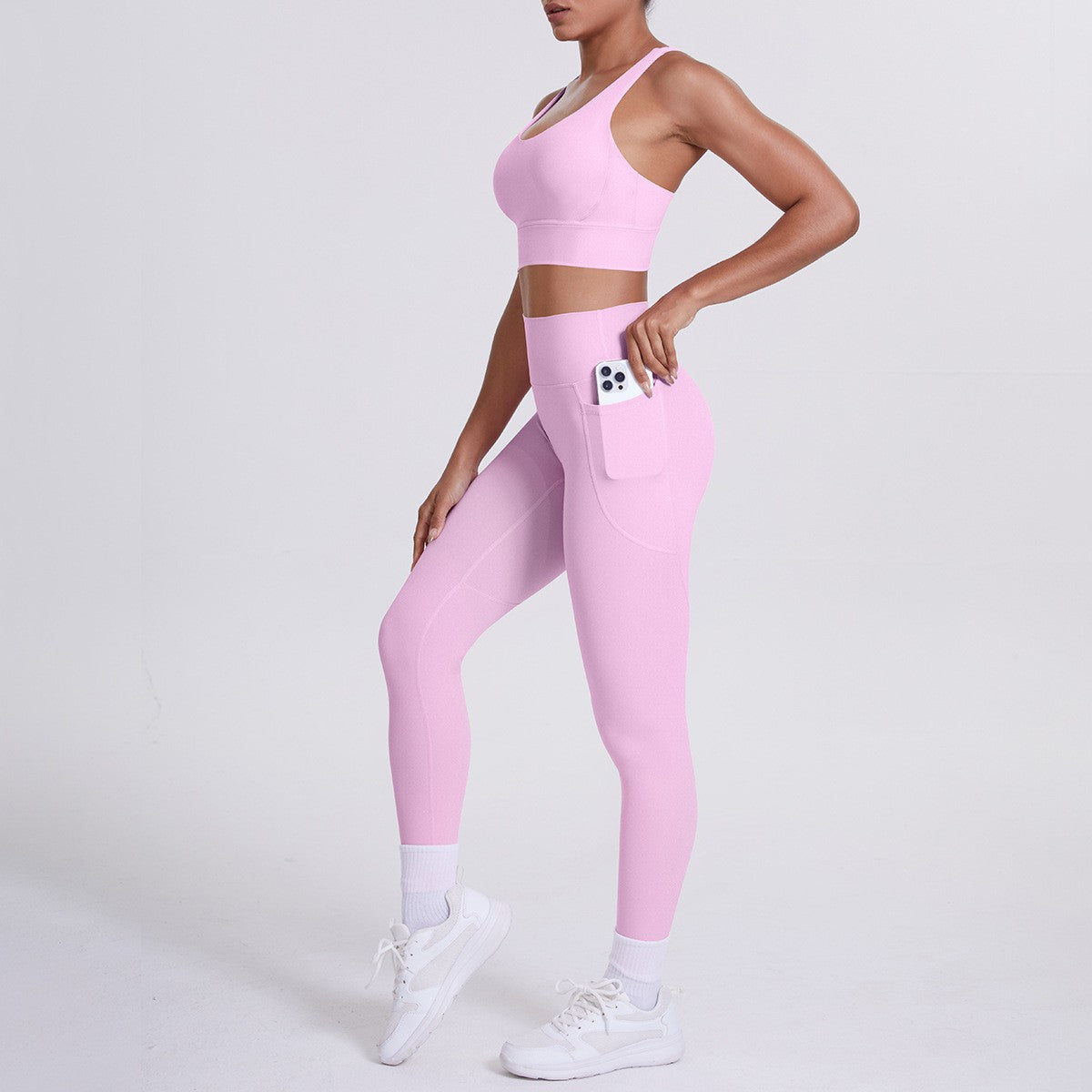 Cross Back High Waist Pocket Yoga Leggings Set - Blossom Pink