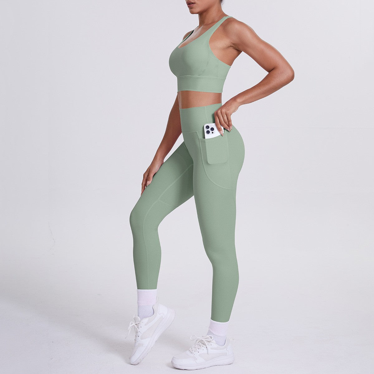 Cross Back High Waist Pocket Yoga Leggings Set - Sage Green