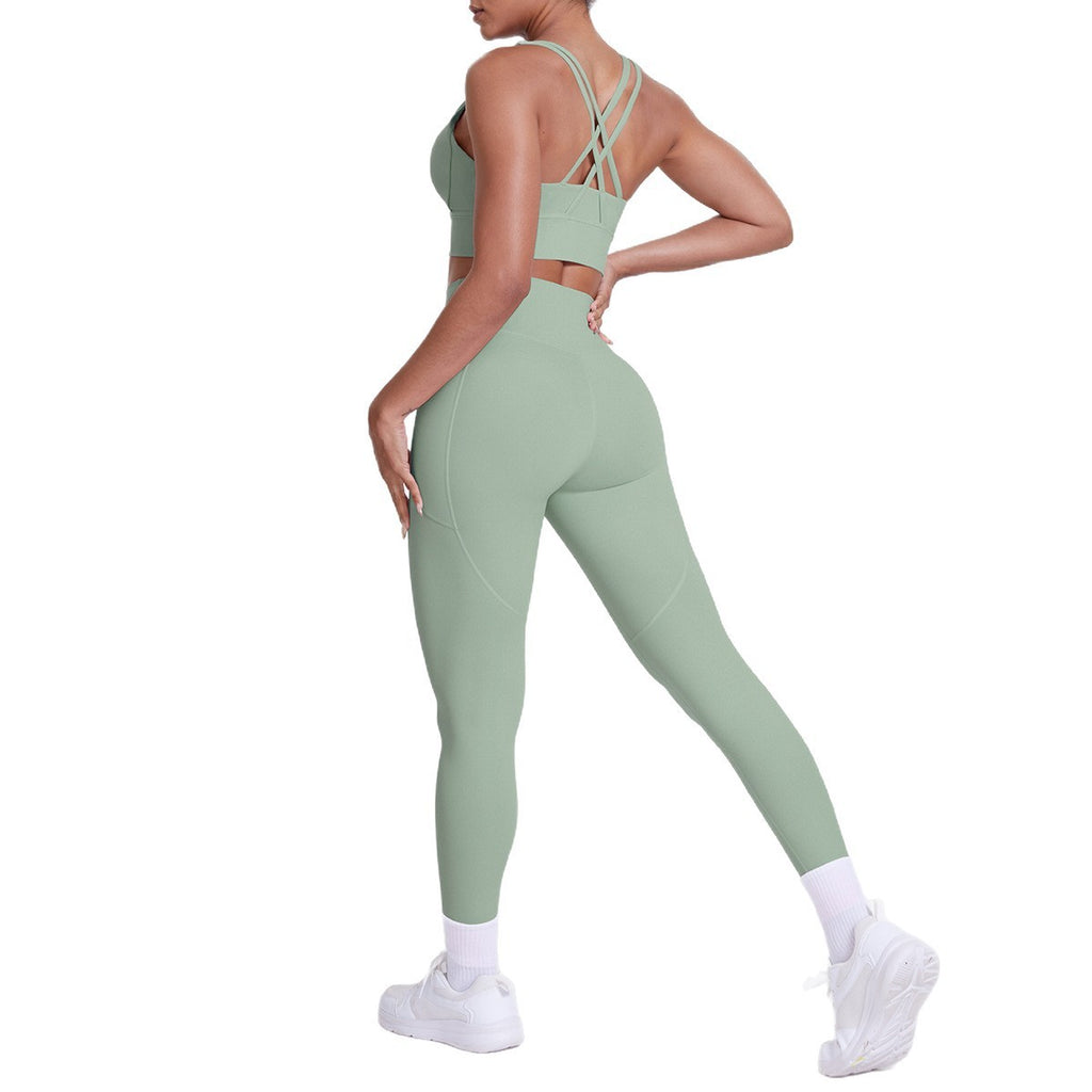Cross Back High Waist Pocket Yoga Leggings Set