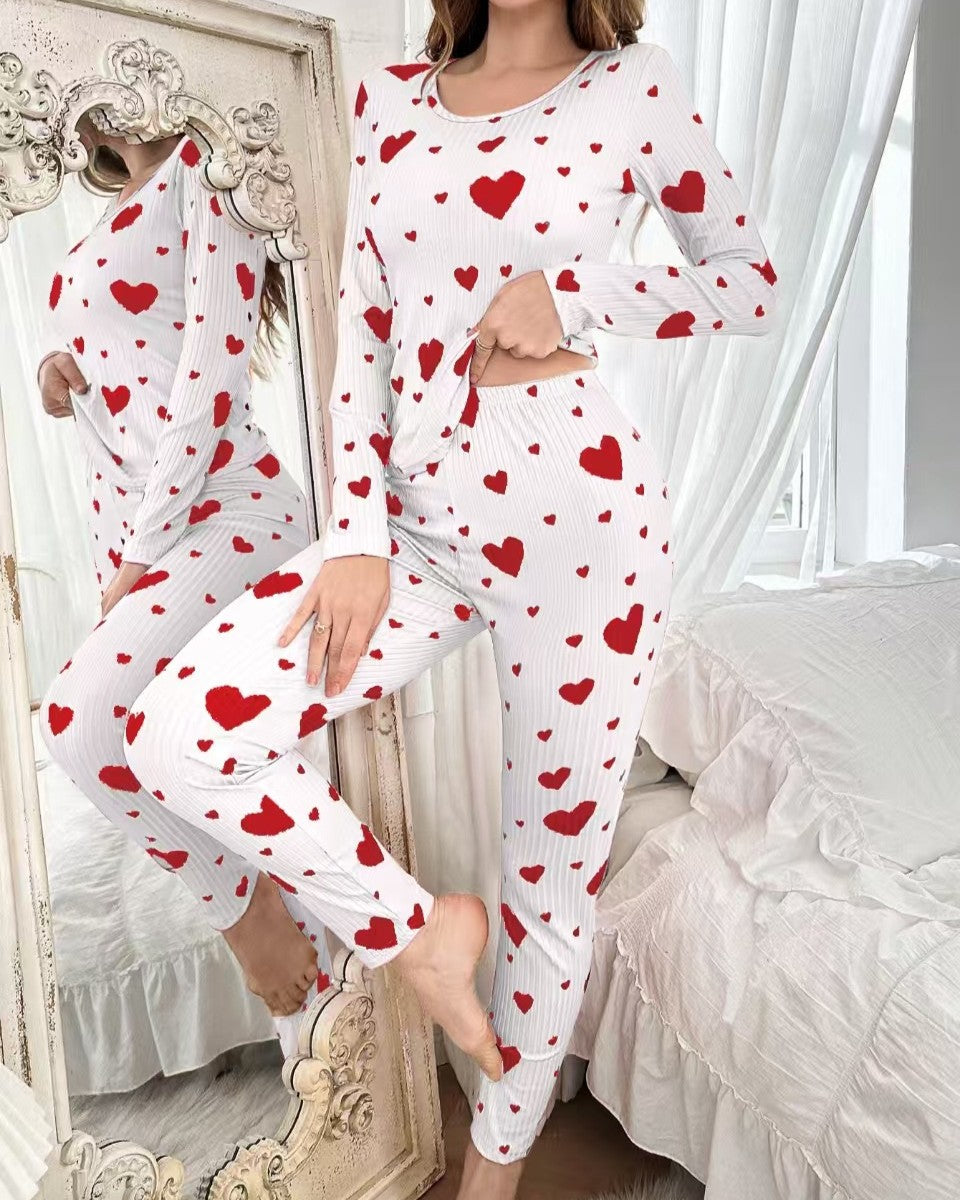 Ribbed Heart Print Loungewear Pajama Set - WhiteRed