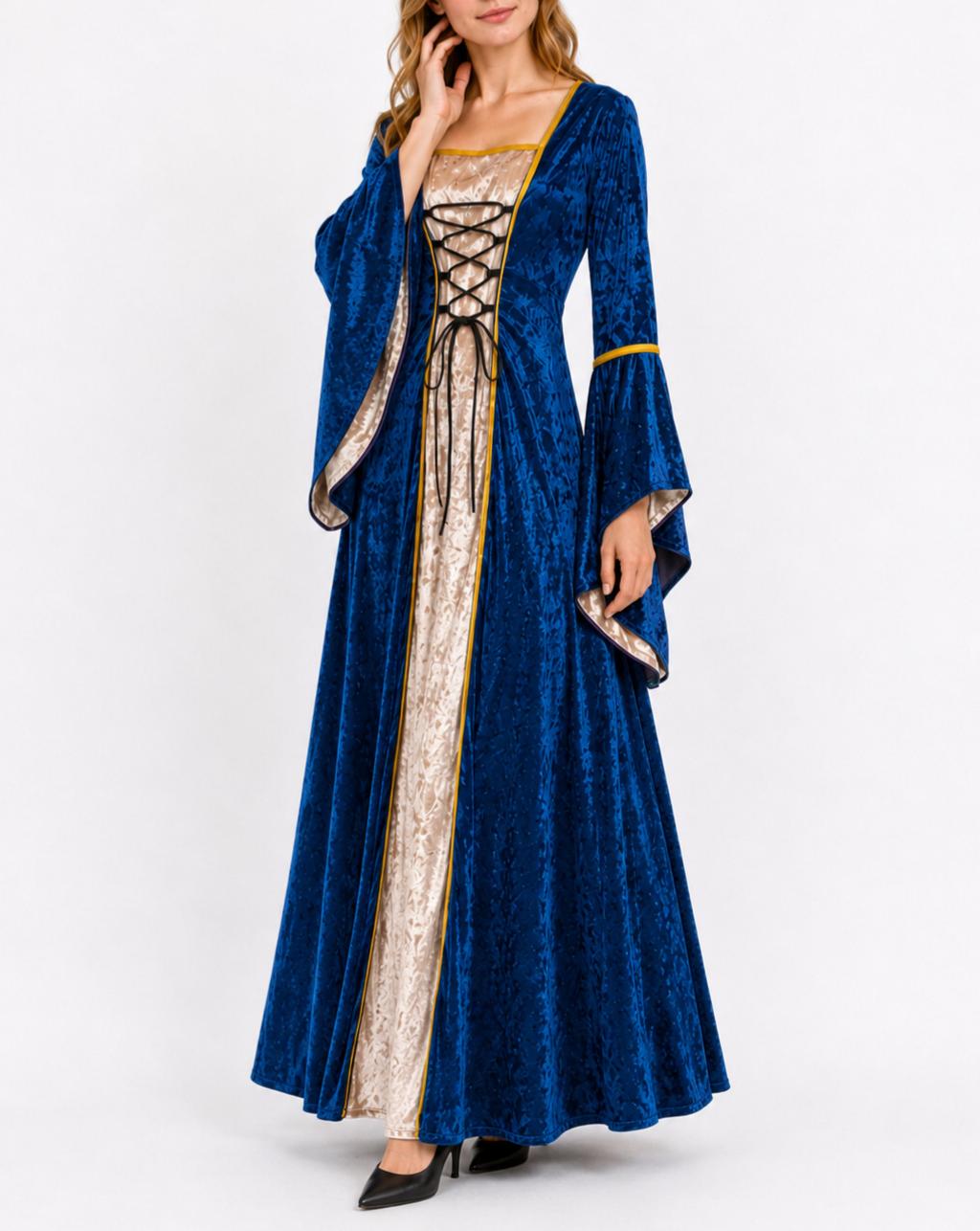 Crushed Velvet Corset Front Medieval Gown - Blue