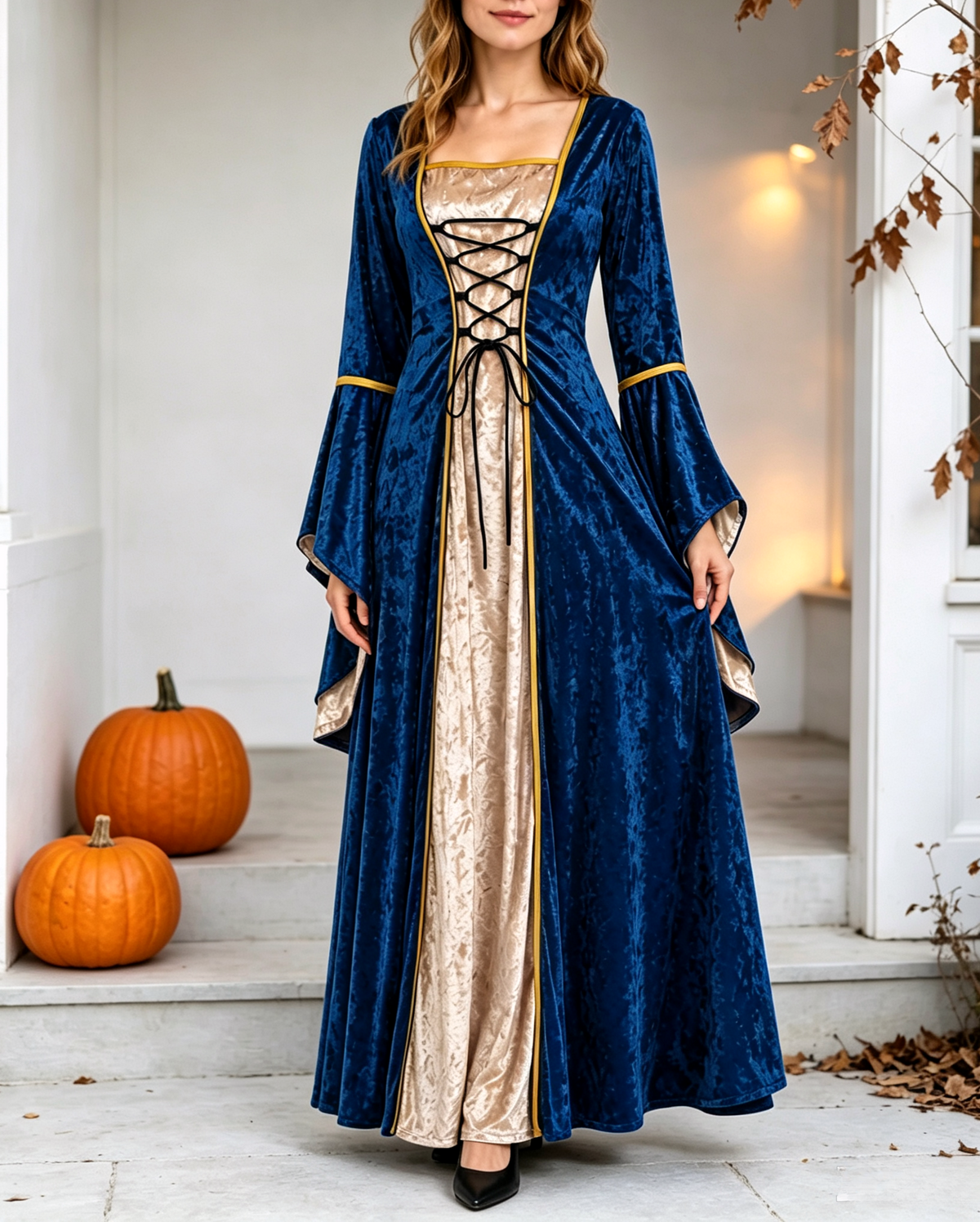 Crushed Velvet Corset Front Medieval Gown - Blue - 1