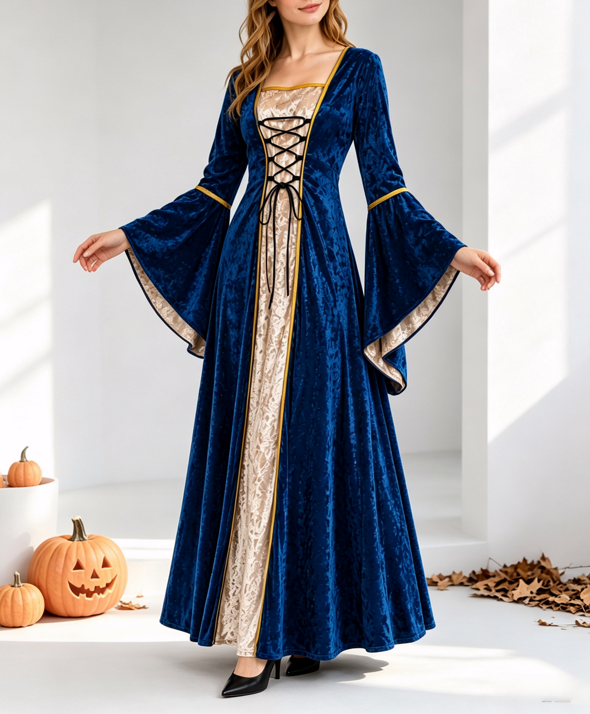 Crushed Velvet Corset Front Medieval Gown - Blue - 2