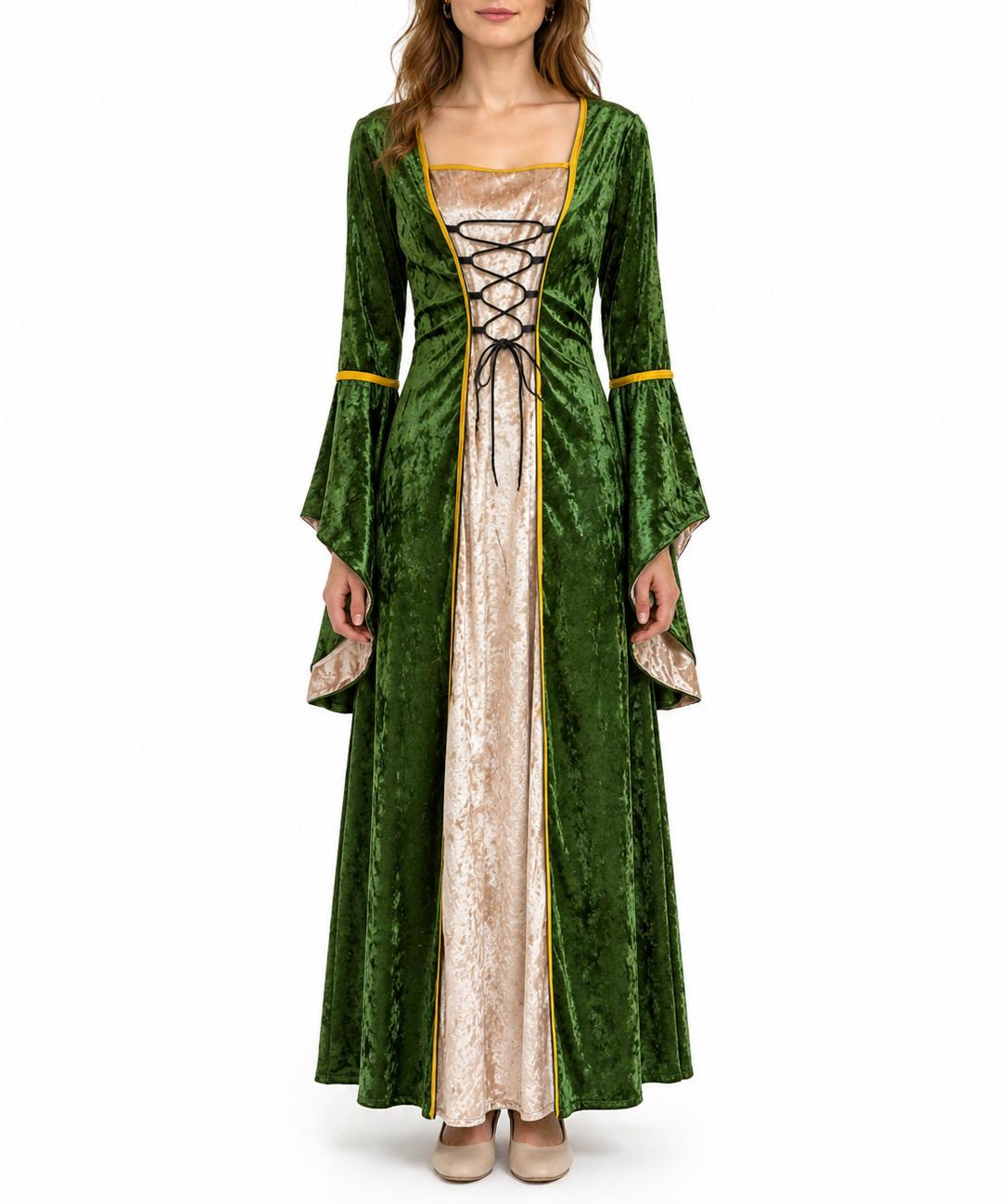 Crushed Velvet Corset Front Medieval Gown - Green