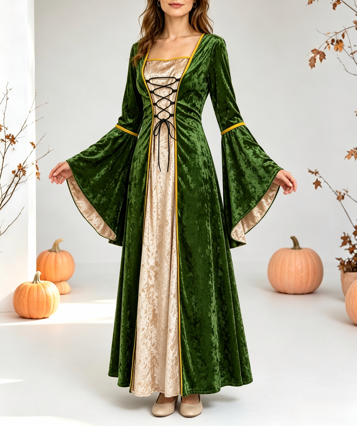 Crushed Velvet Corset Front Medieval Gown - Green - 1