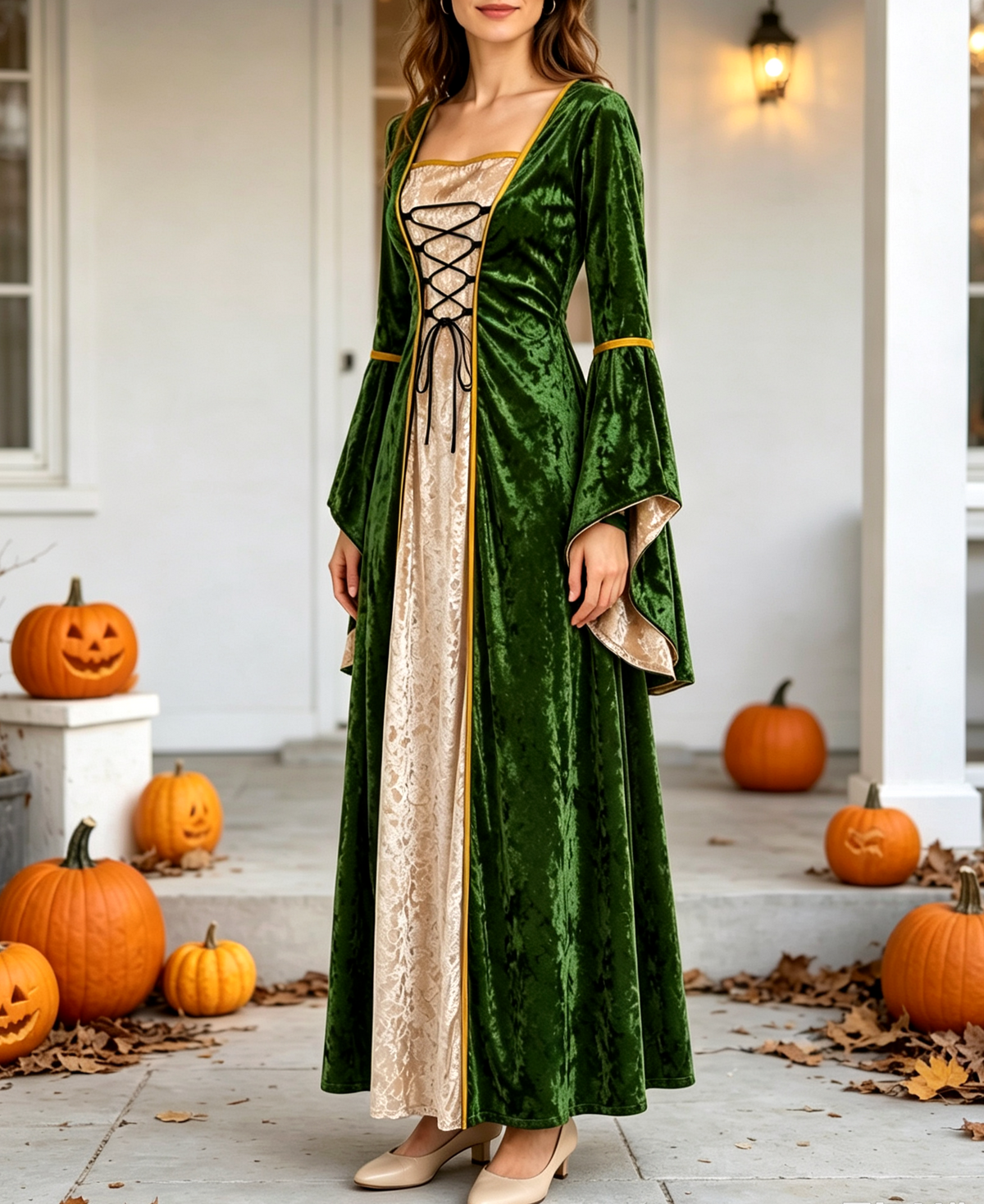 Crushed Velvet Corset Front Medieval Gown - Green - 2