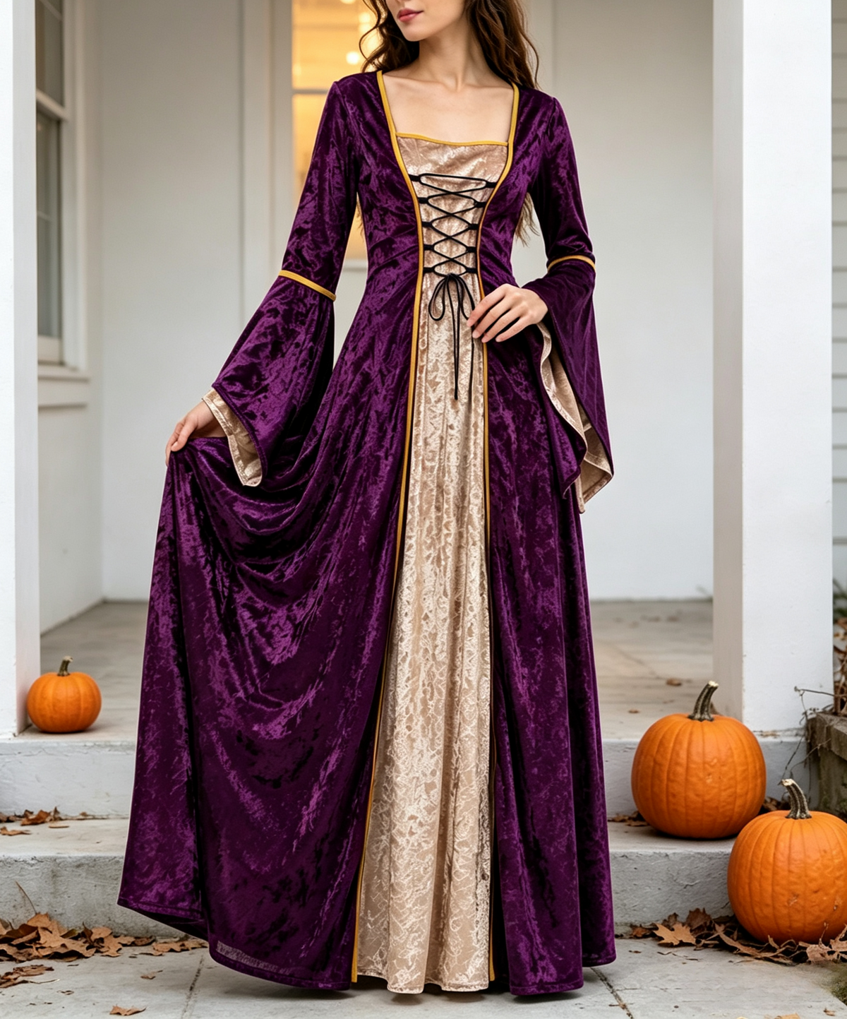 Crushed Velvet Corset Front Medieval Gown - Purple