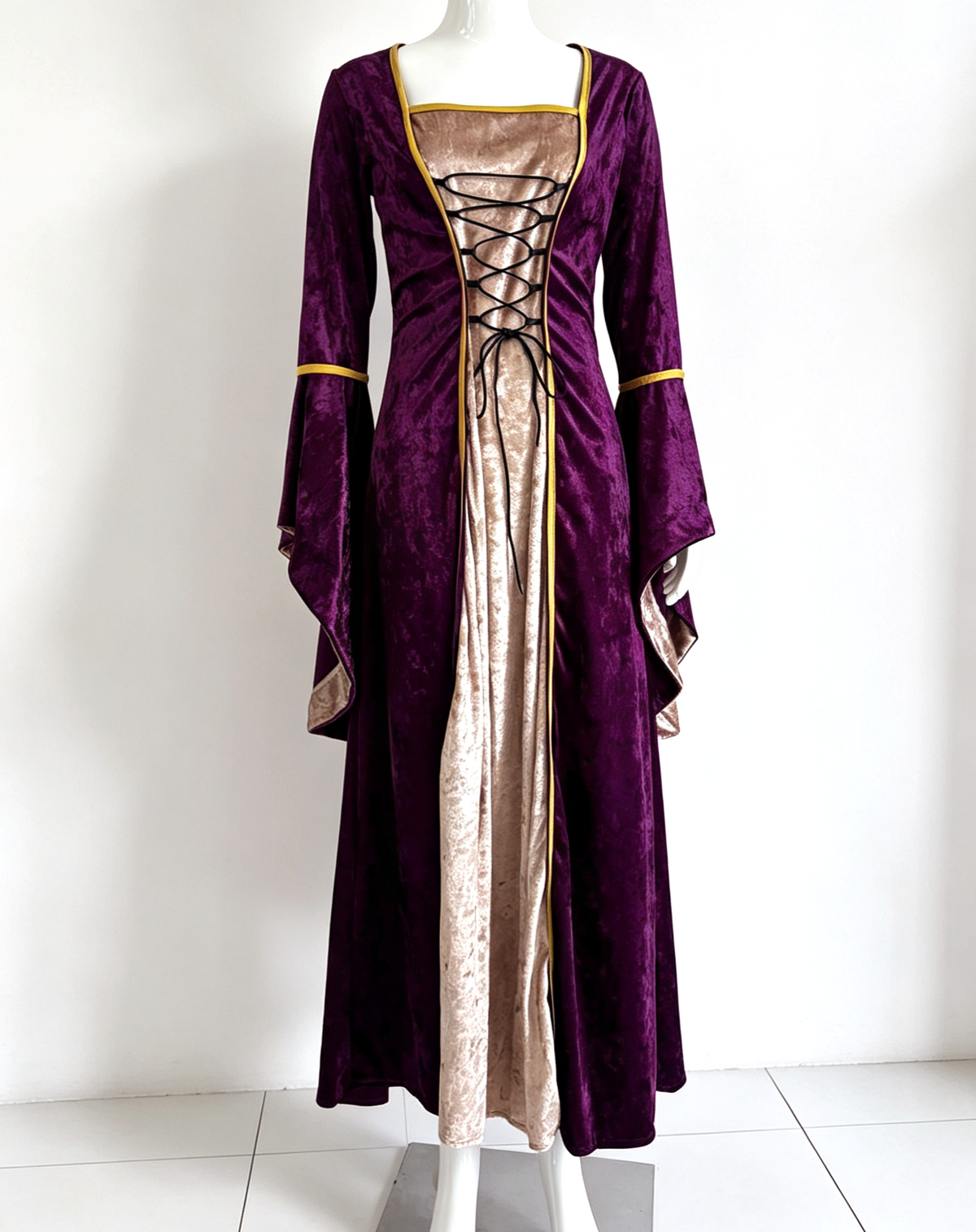 Crushed Velvet Corset Front Medieval Gown - Purple - 1