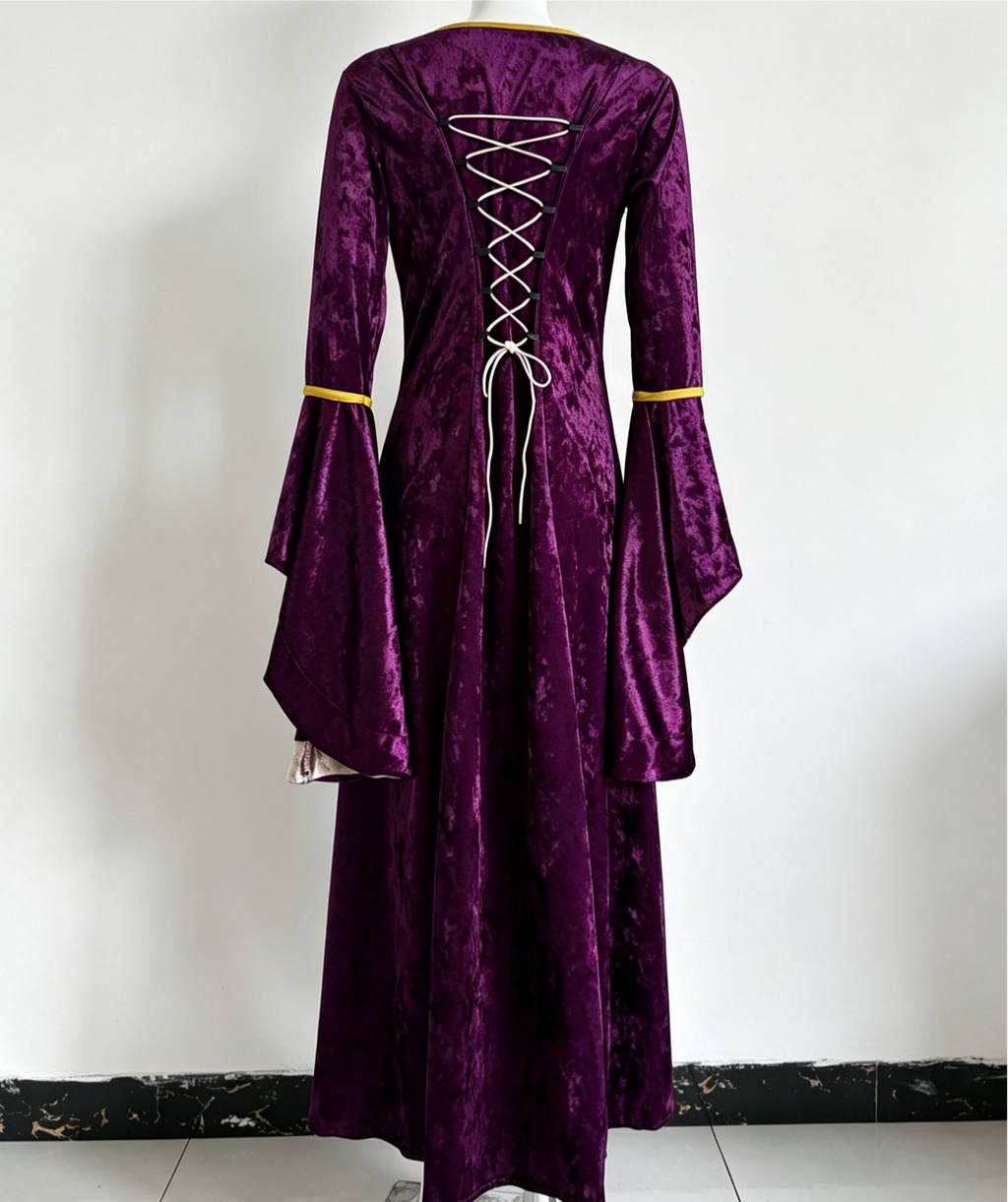 Crushed Velvet Corset Front Medieval Gown - Purple - 2
