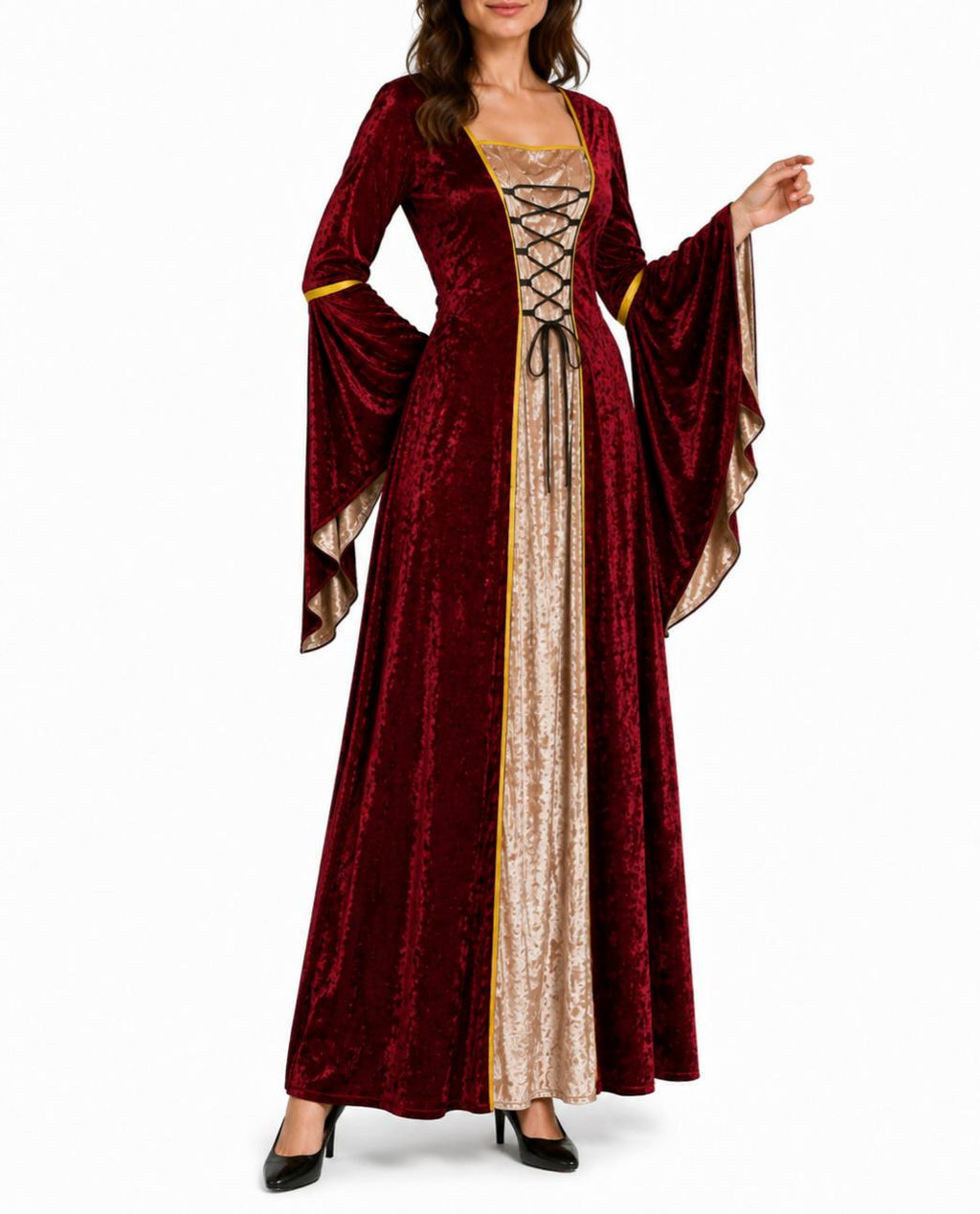 Crushed Velvet Corset Front Medieval Gown - Wine_red