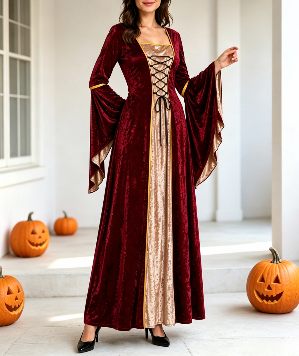 Crushed Velvet Corset Front Medieval Gown - Wine_red - 1