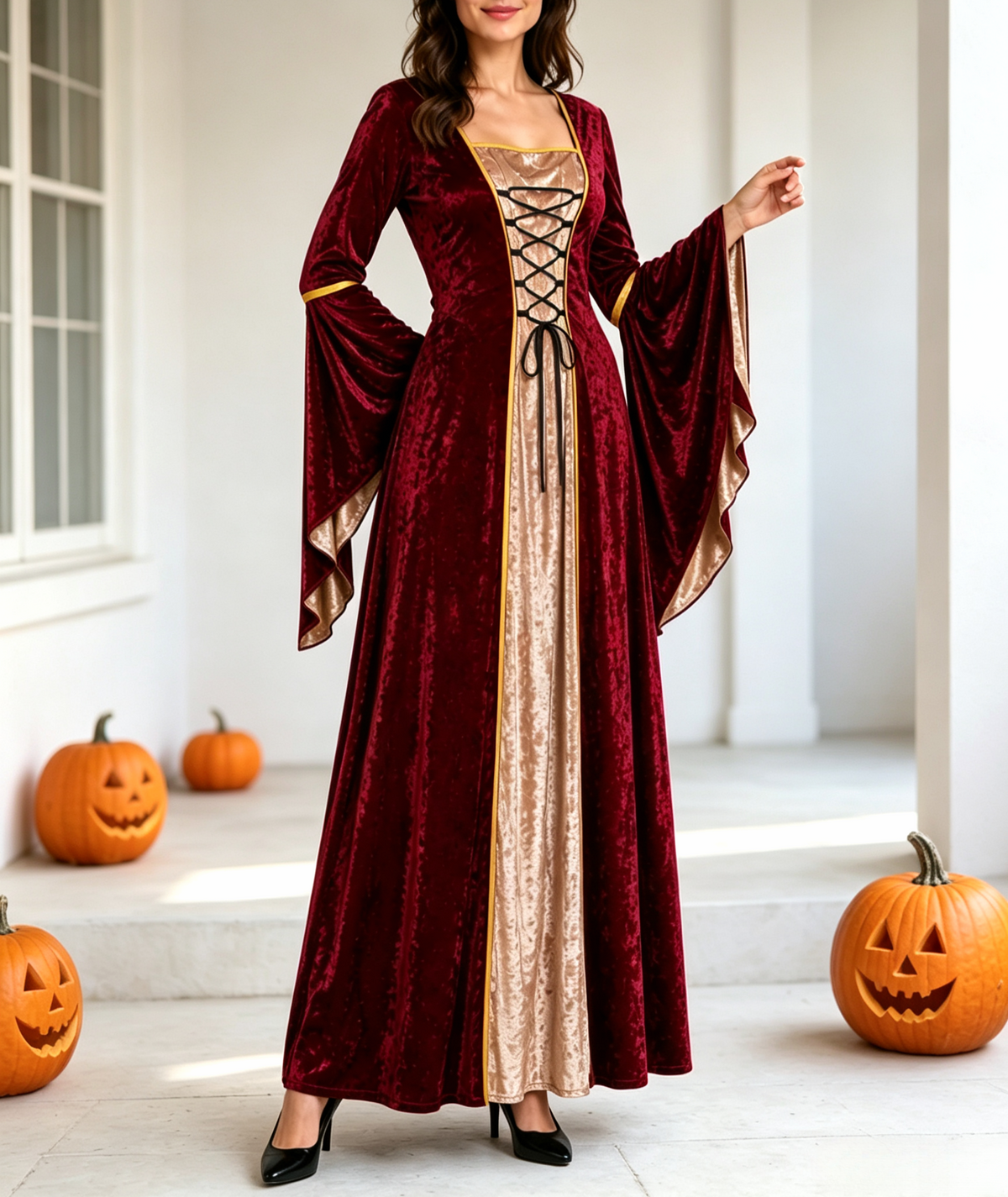 Crushed Velvet Corset Front Medieval Gown - Wine_red - 1