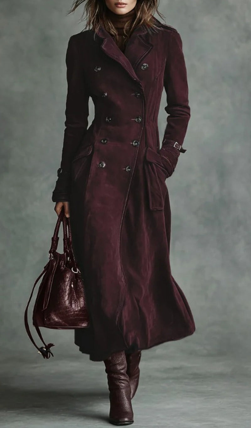 Piped Faux Suede Double Breasted Maxi Trench Coat - Burgundy