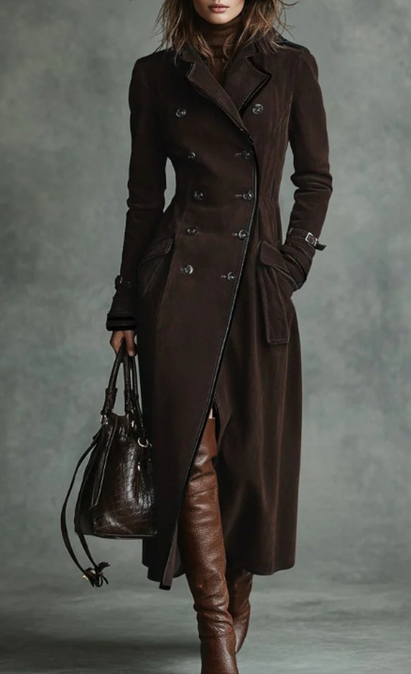 Piped Faux Suede Double Breasted Maxi Trench Coat - Chocolate