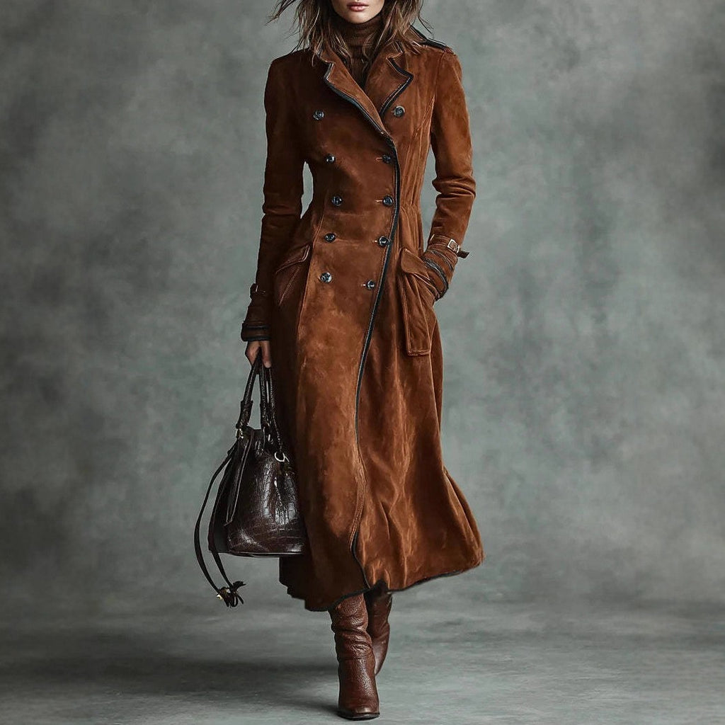 Piped Faux Suede Double Breasted Maxi Trench Coat