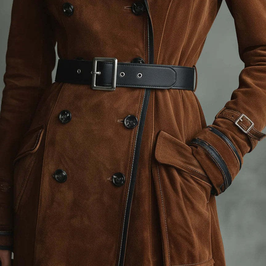 Piped Faux Suede Double Breasted Maxi Trench Coat