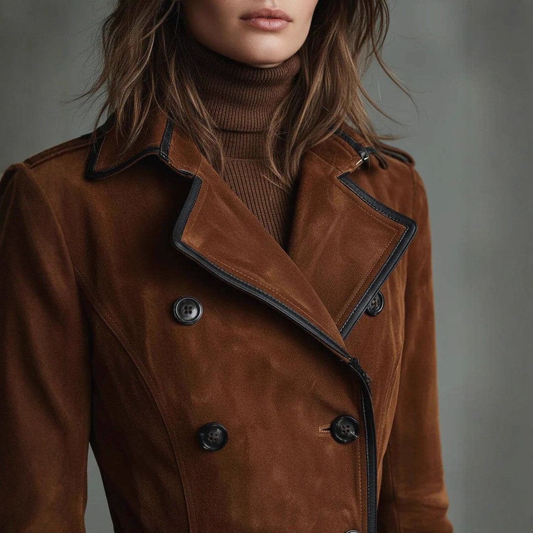 Piped Faux Suede Double Breasted Maxi Trench Coat