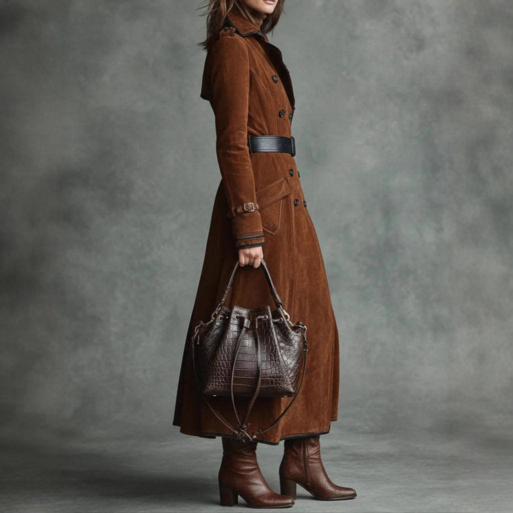 Piped Faux Suede Double Breasted Maxi Trench Coat