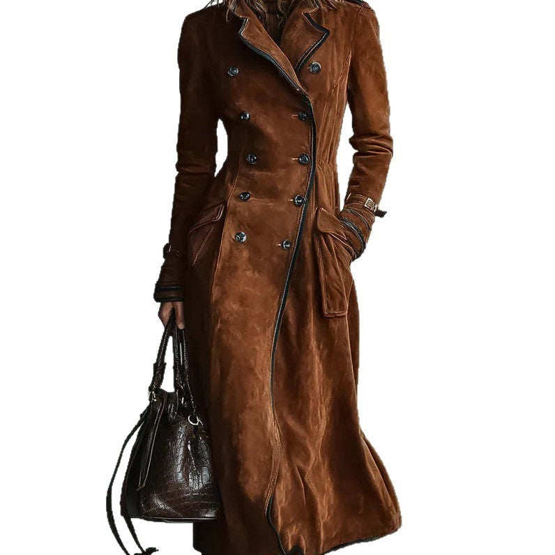 Piped Faux Suede Double Breasted Maxi Trench Coat
