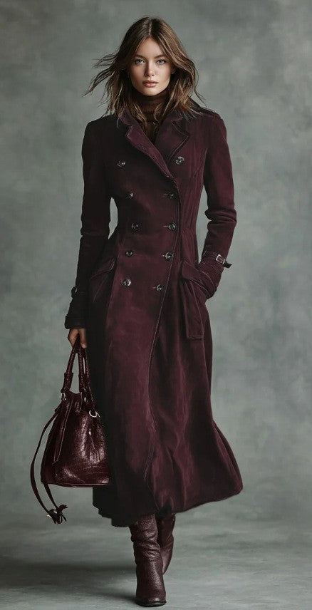 Piped Faux Suede Double Breasted Maxi Trench Coat