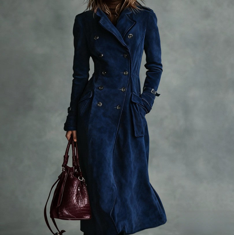 Piped Faux Suede Double Breasted Maxi Trench Coat