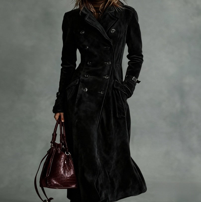 Piped Faux Suede Double Breasted Maxi Trench Coat