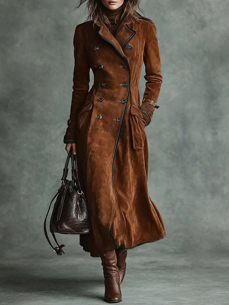 Piped Faux Suede Double Breasted Maxi Trench Coat