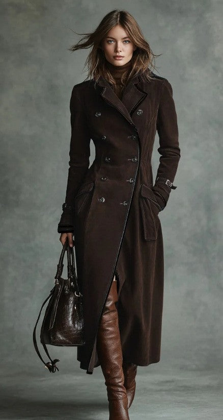 Piped Faux Suede Double Breasted Maxi Trench Coat