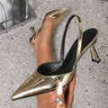 Metallic Embossed Pointed Toe Slingback Heels - Gold