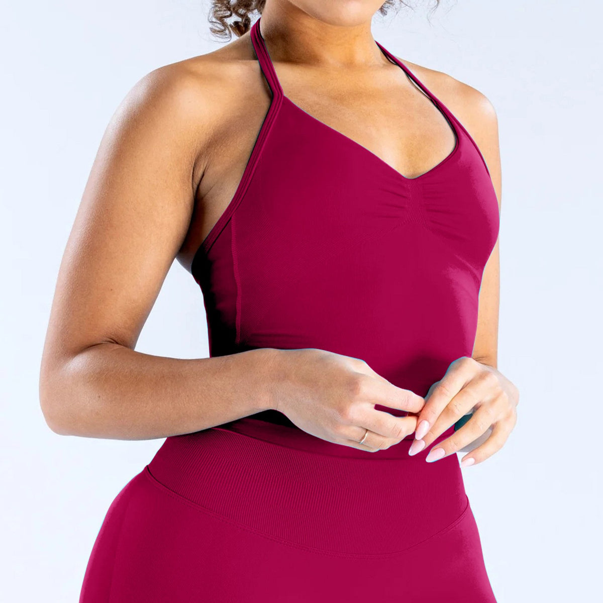 Ruched Halter Neck Seamless Yoga Tank Top - Berry Red