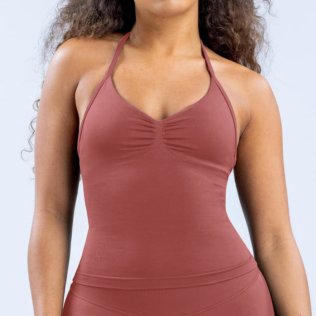 Ruched Halter Neck Seamless Yoga Tank Top - Caramel Copper